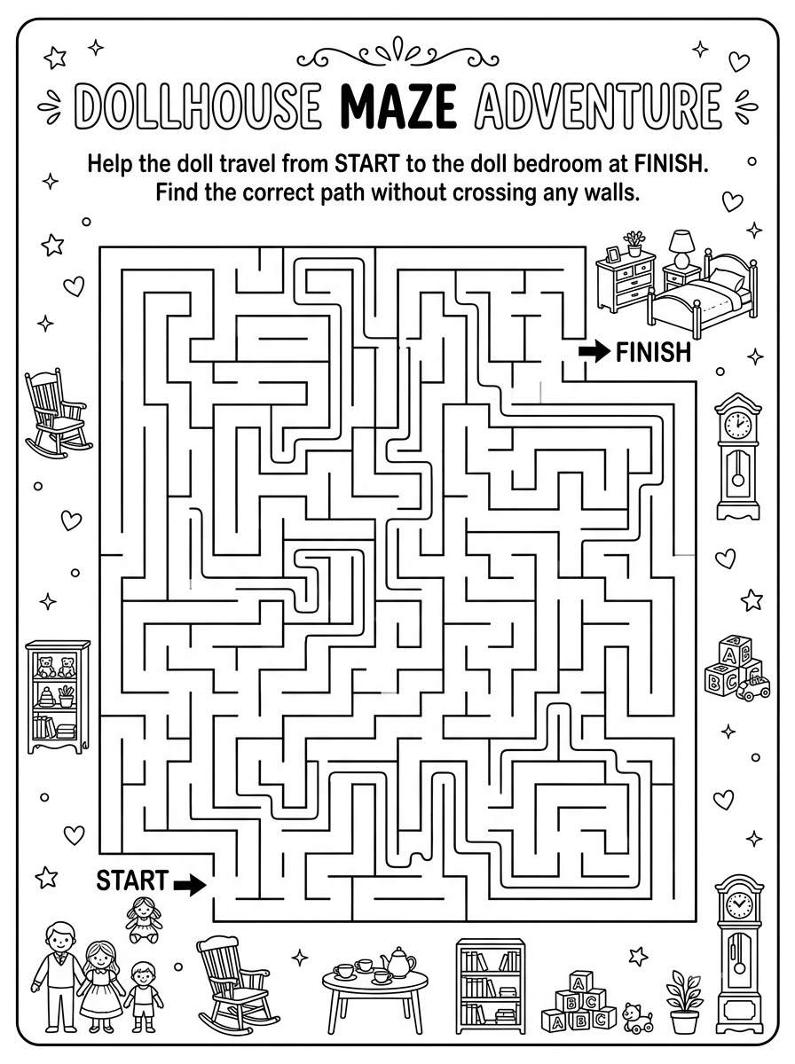 Dollhouse Maze Adventure — complex maze from start to finish with decorative borders